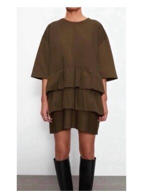 Chocolate Brown Tiered Ruffled dropped-Waist Mini DressTunic | Medium
